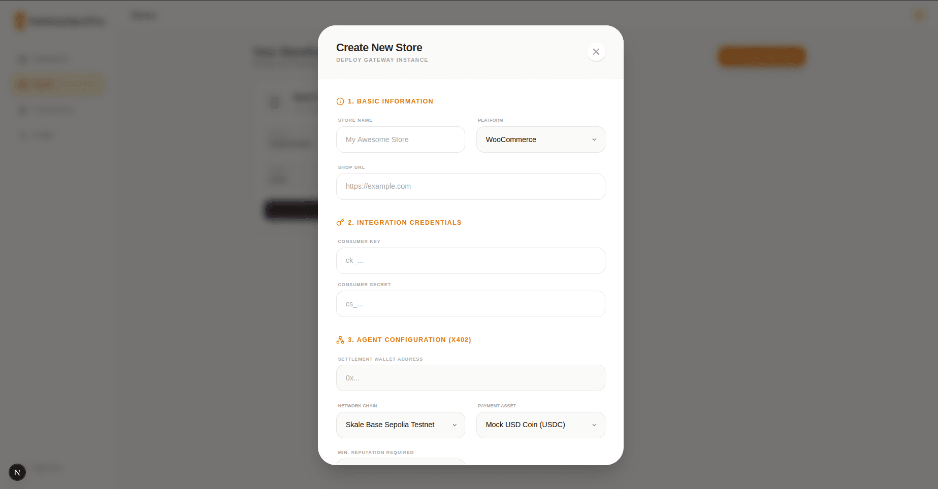 Gateway Dashboard - Create Store